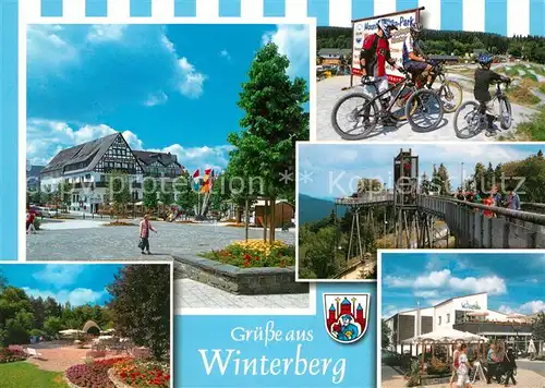 AK / Ansichtskarte Winterberg_Hochsauerland Stadtplatz Mountain Bike Park Hochbruecke Gasthaus Winterberg_Hochsauerland