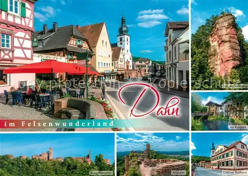 AK / Ansichtskarte Dahn Strassenpartie Jungfernsprung Kurpark Burgenmassiv Altdahn Dahner Rathaus Dahn