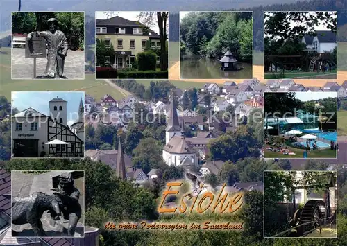 AK / Ansichtskarte Eslohe_Sauerland Orts und Teilansichten Brunnen Muehlrad Park Panorama Eslohe_Sauerland
