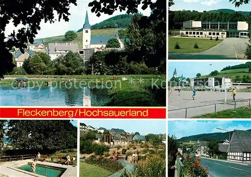 AK / Ansichtskarte Fleckenberg Kirche Sportplatz Halle Wassertreten Park Strasse Fleckenberg