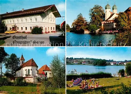 AK / Ansichtskarte Seeon Seebruck Gasthaus Pension Neureiter Kirche Badestrand Seeon Seebruck