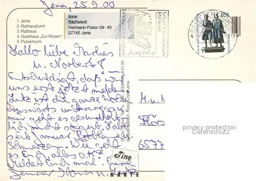 AK / Ansichtskarte Jena_Thueringen Rathausturm Gasthaus Zur Rosen Pulverturm Jena Thueringen