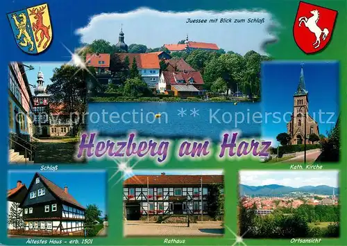 AK / Ansichtskarte Herzberg_Harz Juessee Blick zum Schloss aeltestes Haus Rathaus Kirche Schloss Herzberg Harz
