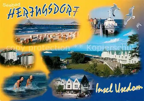 AK / Ansichtskarte Heringsdorf_Ostseebad_Usedom Strand Seebruecke Faehrschiff  Heringsdorf_Ostseebad