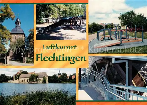 AK / Ansichtskarte Flechtingen Kirche Kanonenplatz Spielplatz Wasserschloss Wassermuehle Flechtingen