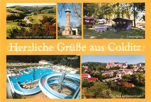 AK / Ansichtskarte Colditz Muldenaue Heimatturm Campingplatz Schloss Schwimmbad Colditz