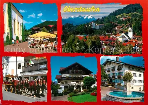 AK / Ansichtskarte Oberstaufen Panorama Pferdekutsche Brunnen Stadtansichten Oberstaufen