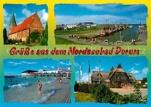 AK / Ansichtskarte Dorum Kirche Bootshafen Strand Haus Dorum