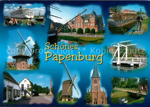 AK / Ansichtskarte Papenburg_Ems Windmuehle Kreuzfahrtschiff Kirche  Papenburg Ems