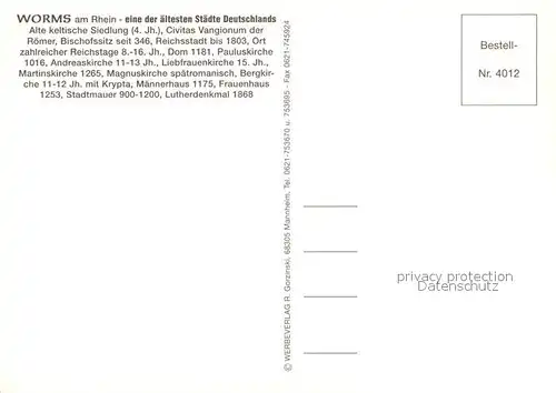 AK / Ansichtskarte Worms_Rhein Dom Stadttor Denkmal Worms Rhein