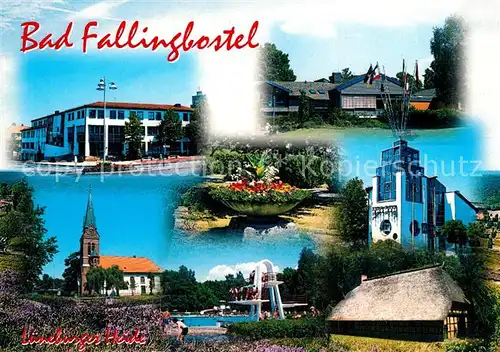 AK / Ansichtskarte Fallingbostel_Bad Schwimmbad Kirche Reetdachhaus Fallingbostel_Bad