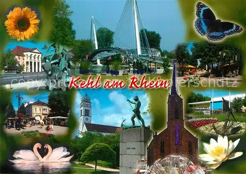 AK / Ansichtskarte Kehl_Rhein Denkmal Schmetterlin Schwaene Kirche Seerose Marktplatz Kehl_Rhein