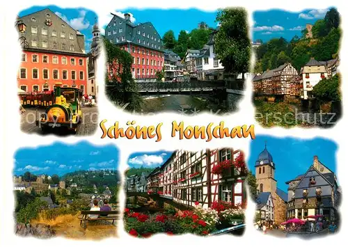 AK / Ansichtskarte Monschau Parkeisenbahn Fachwerkhaeuser Rathaus Panorama Monschau