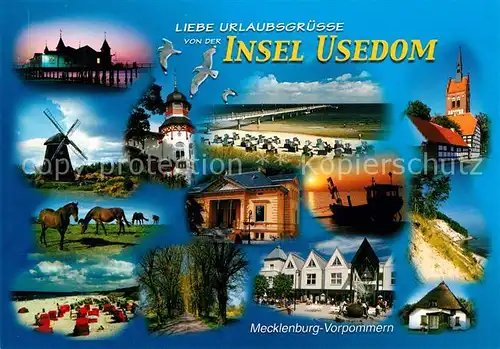 AK / Ansichtskarte Usedom Kirche Strandkoerbe Windrad Seebruecke Usedom