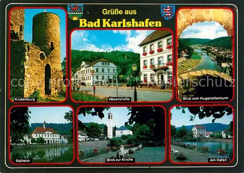 AK / Ansichtskarte Bad_Karlshafen Krukenburg Rathaus Kirche Hafen Hugenottenturm  Bad_Karlshafen