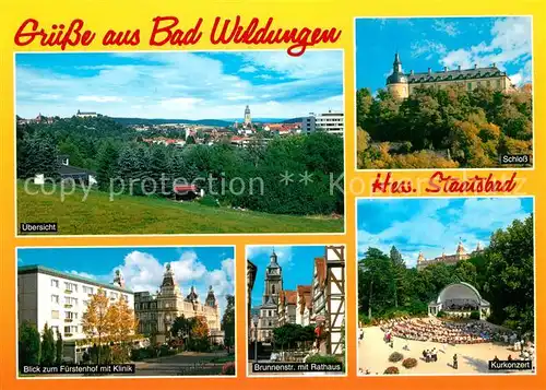 AK / Ansichtskarte Bad_Wildungen Fuerstenhof Klinik Brunnenstrasse Rathaus Kurkonzert Schloss Bad_Wildungen