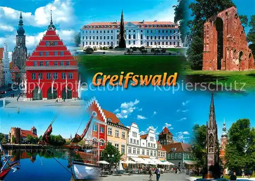 AK / Ansichtskarte Greifswald Rathaus Marktplatz Klosterruine Eldena Klappbruecke Greifswald