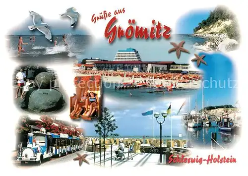 AK / Ansichtskarte Groemitz_Ostseebad Strand Parkeisenbahn Hafen Groemitz_Ostseebad