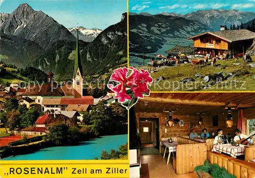 AK / Ansichtskarte Zell_Ziller_Tirol Jausenstation Rosenalm Ortsmotiv mit Kirche Blume Alpenblick Zell_Ziller_Tirol