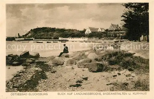 AK / Ansichtskarte Gluecksburg_Ostseebad Landungbruecke Badeanstalten Kurhaus Gluecksburg_Ostseebad