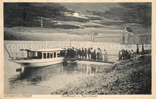 AK / Ansichtskarte Moehnetalsperre Sperrmauer Bootsanlegestelle Fahrgastschiff Moehnetalsperre