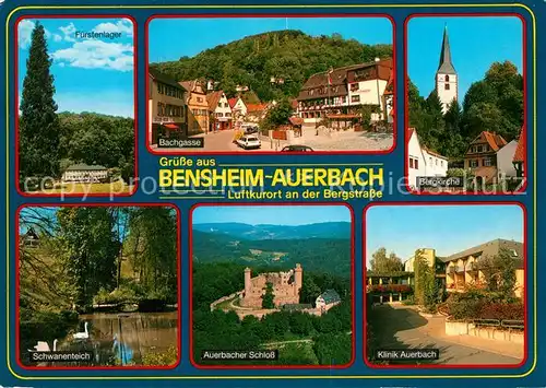 AK / Ansichtskarte Bensheim_Auerbach_Bergstrasse Fuerstenlager Schwanenteich Bachgasse Bergkirche Klinik Schloss Fliegeraufnahme Bensheim_Auerbach