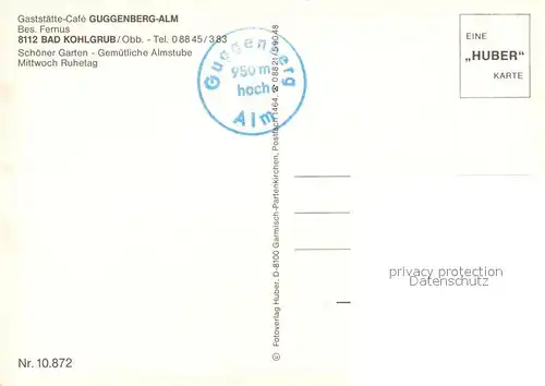 AK / Ansichtskarte Bad_Kohlgrub Gaststaette Cafe Guggenberg Alm Terrasse Almstube Huber Karte Nr 10.872 Bad_Kohlgrub