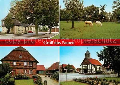 AK / Ansichtskarte Nauen_Niedersachsen Urlaub auf dem Bauernhof Pferde Ortsmotiv mit Kirche Nauen Niedersachsen