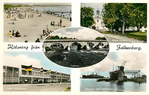 AK / Ansichtskarte Falkenberg_Sweden Strand Kirche Hotell Strandbaden Hafen Falkenberg Sweden