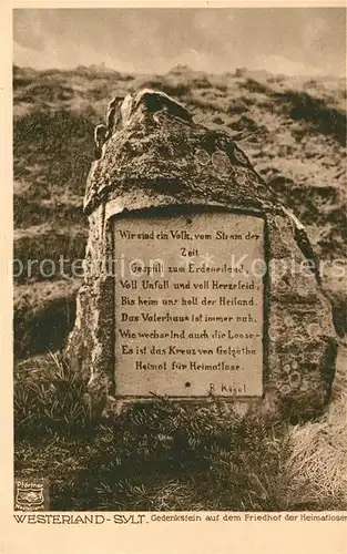 AK / Ansichtskarte Westerland_Sylt Gedenkstein auf dem Friedhof der Heimatlosen Westerland_Sylt