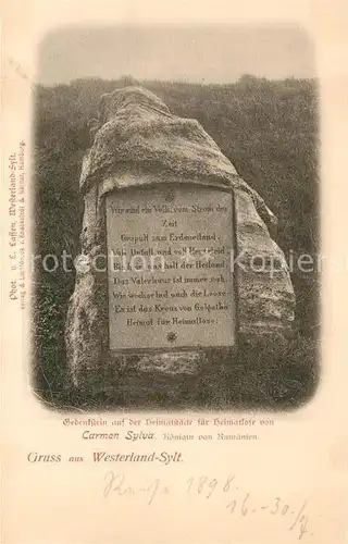 AK / Ansichtskarte Westerland_Sylt Gedenkstein auf dem Friedhof fuer Heimatlose von Carmen Sylvia Koenigin von Rumaenien Westerland_Sylt