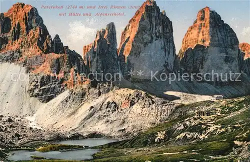 AK / Ansichtskarte Drei_Zinnen mit Huette Paternkofel und Alpenseehotel Drei Zinnen