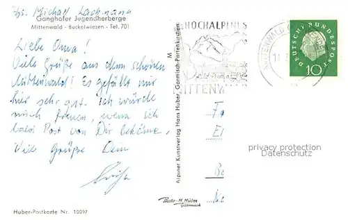 AK / Ansichtskarte Mittenwald_Bayern Ganghofer Jugendherberge gegen Wettersteinspitze Wettersteingebirge Mittenwald Bayern