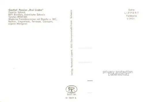 AK / Ansichtskarte Baernfels Gasthof Pension Drei Linden See Landschaft Fraenkische Schweiz Felsen Baernfels