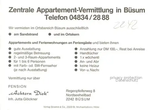 AK / Ansichtskarte Buesum_Nordseebad Pension Achtern Diek Ferienappartments Buesum_Nordseebad