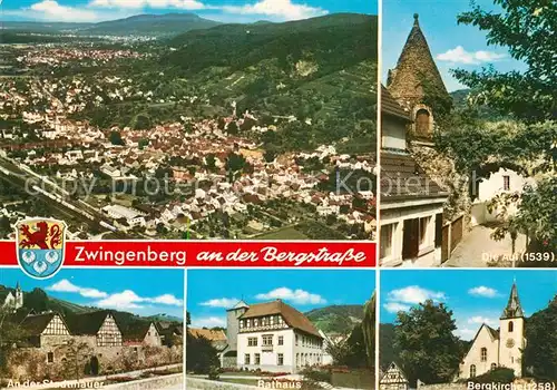 AK / Ansichtskarte Zwingenberg_Bergstrasse Fliegeraufnahme Bergkirche Rathaus Stadtmauer Aul Befestigungsturm Zwingenberg_Bergstrasse