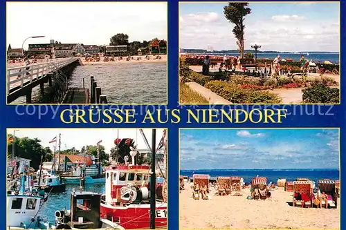 AK / Ansichtskarte Niendorf_Ostseebad Seebruecke Strand Promenade Hafen Fischkutter Niendorf_Ostseebad