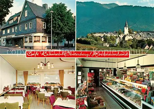 AK / Ansichtskarte Winterberg_Hochsauerland Cafe Kraemer Ortsansicht mit Kirche Winterberg_Hochsauerland