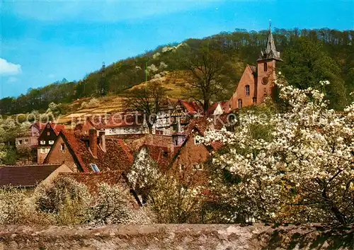 AK / Ansichtskarte Zwingenberg_Bergstrasse Ortsmotiv mit Kirche Baumbluete Zwingenberg_Bergstrasse