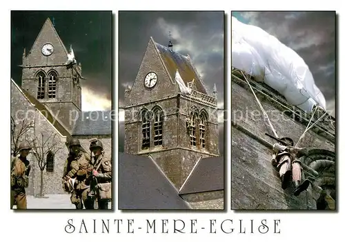 AK / Ansichtskarte Sainte Mere Eglise Clocher de l eglise Commemoration Soldat John Steele Fallschirmspringer Sainte Mere Eglise