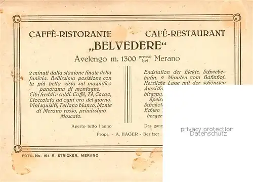 AK / Ansichtskarte Merano_Suedtirol Caffe Ristorante Belvedere Avelengo Merano Suedtirol