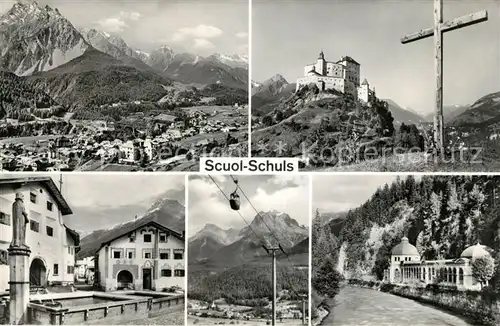 AK / Ansichtskarte Scuol_GR Panorama Schloss Tarasp Dorfbrunnen Seilbahn Scuol_GR