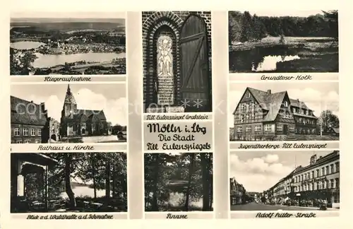 AK / Ansichtskarte Moelln_Lauenburg Fliegeraufnahme Rathaus Kirche Waldhalle Schmalsee Eulenspiegel Grabstein Pinnsee Grundloser Kolk Jugendherberge Moelln_Lauenburg