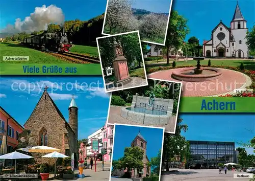 AK / Ansichtskarte Achern_Baden Achertalbahn Rathaus Nikolauskapelle Sankt Stefan Achern_Baden