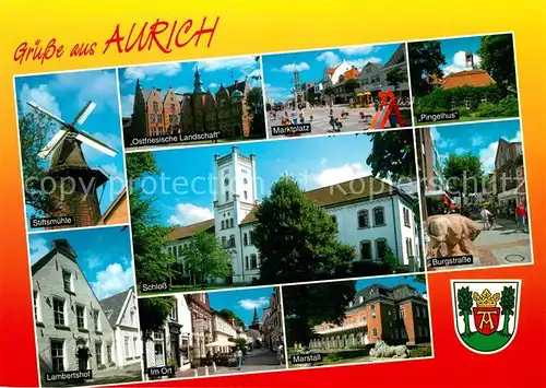 AK / Ansichtskarte Aurich_Ostfriesland Stiftsmuehle Schloss Marktplatz Pingelhus Lambertshof Marstell Burgstrasse  Aurich_Ostfriesland