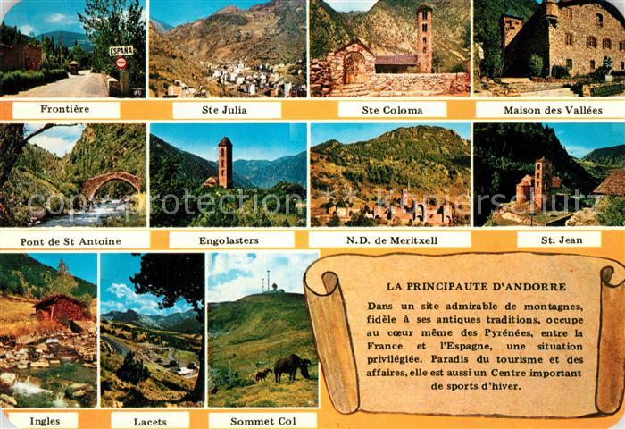 Ak Ansichtskarte Andorra La Vella Frontiere Saint Julia Coloma Anoine Jean Ingles Laceta Maison Des Vallees Andorra La Vella Nr Kc Oldthi