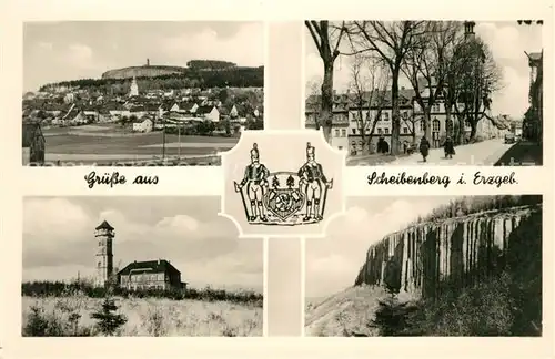 AK / Ansichtskarte Scheibenberg Gesamtansicht Baude Turm Strassenpartie Felsen Wappen Scheibenberg