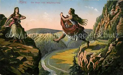 AK / Ansichtskarte Selketal Die Sage vom Maegdesprung Kuenstlerkarte Selketal