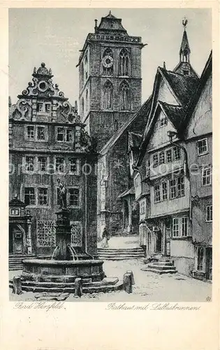 AK / Ansichtskarte Bad_Hersfeld Rathaus mit Lullusbrunnen Zeichnung Westphal Kuenstlerkarte Bad_Hersfeld