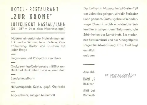 AK / Ansichtskarte Nassau_Lahn Hotel Zur Krone Lahnpartie Nassau_Lahn
